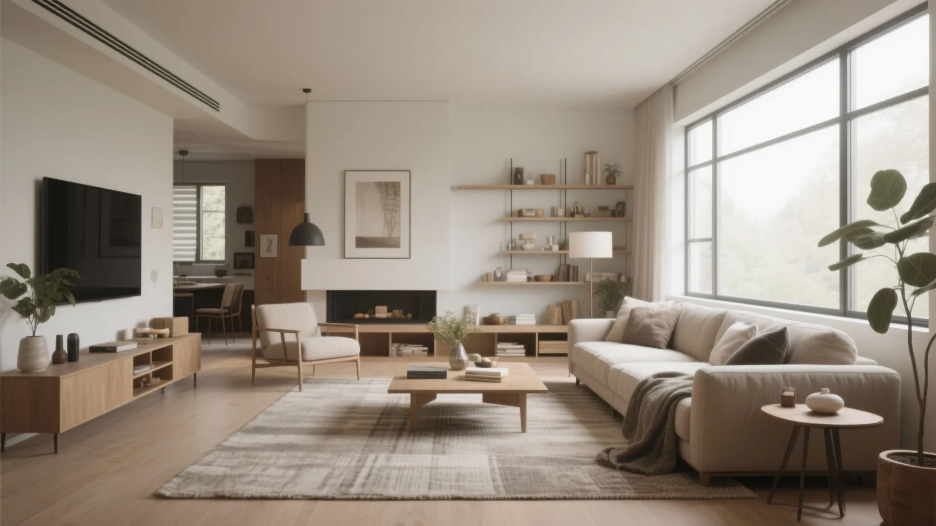 Spacious modern living room featuring a white sofa, wooden coffee table, fireplace, and large windows