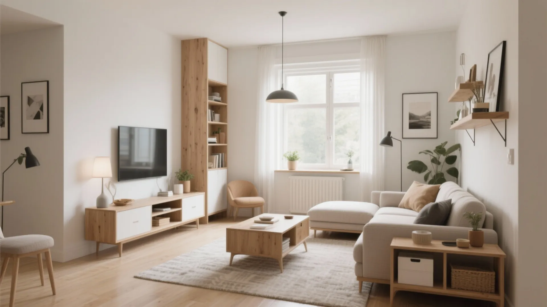 Bright living room with white sofa wooden cabinet television ceiling light rug and large window view
