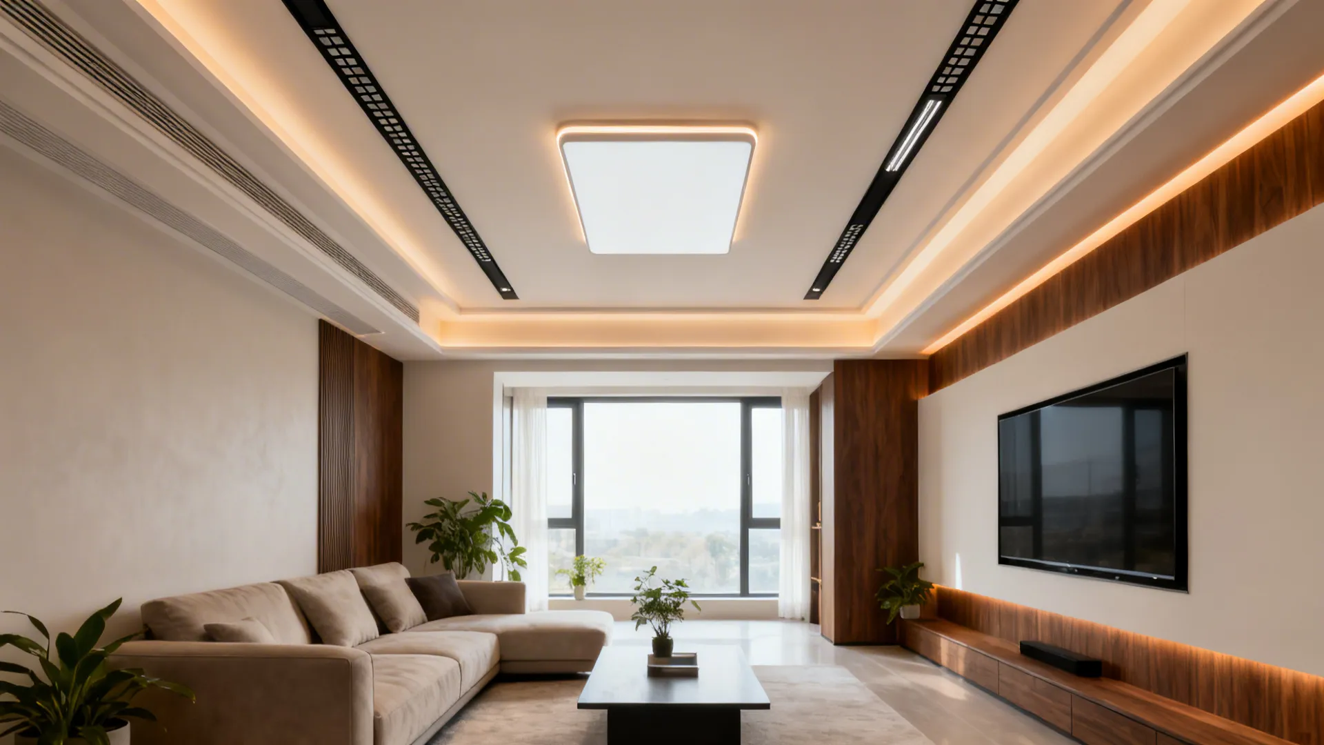 Modern living room with beige sofa wooden wall panels square ceiling light and large television