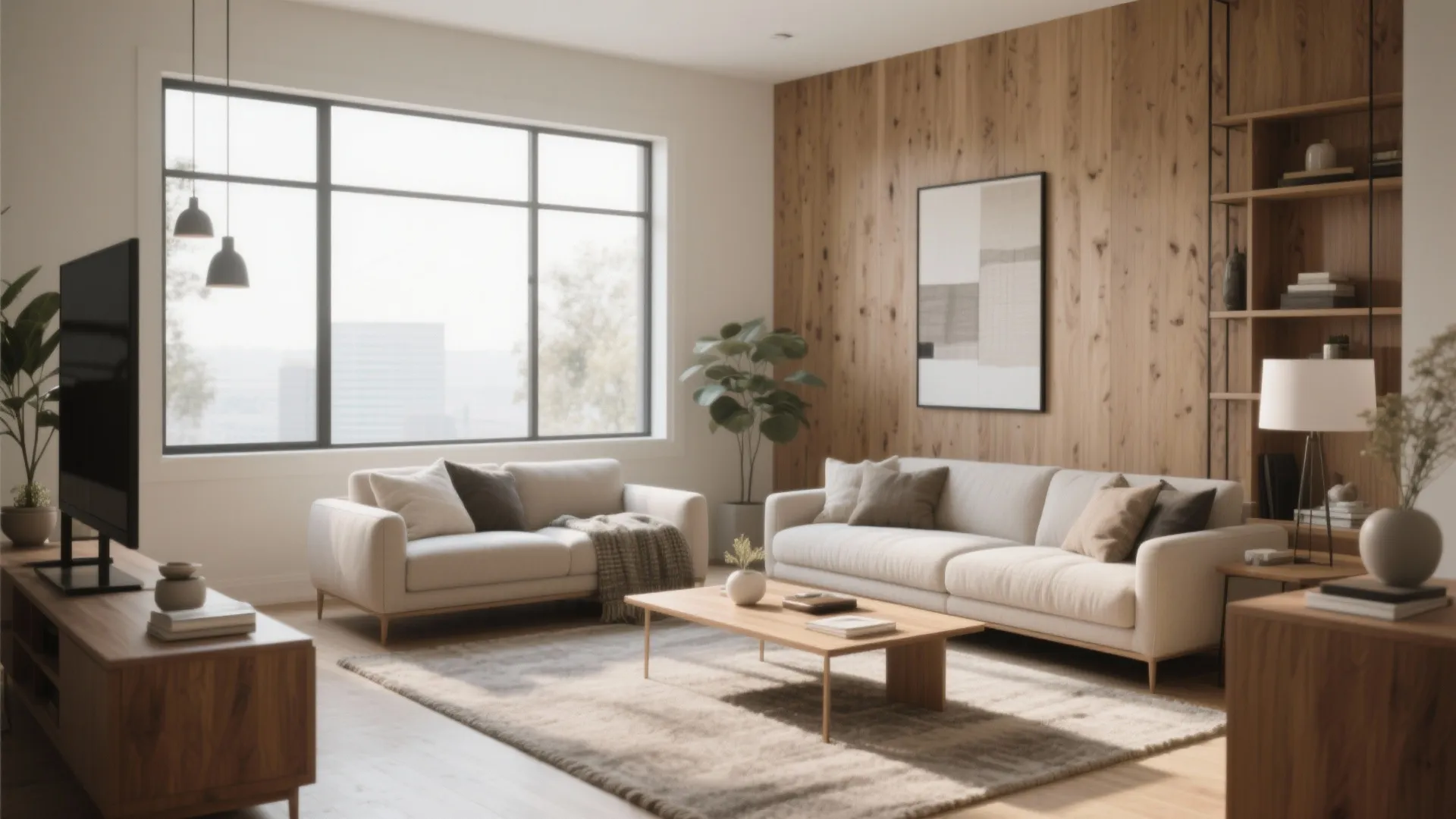 Modern living room featuring two beige sofas wooden wall paneling a coffee table and large windows