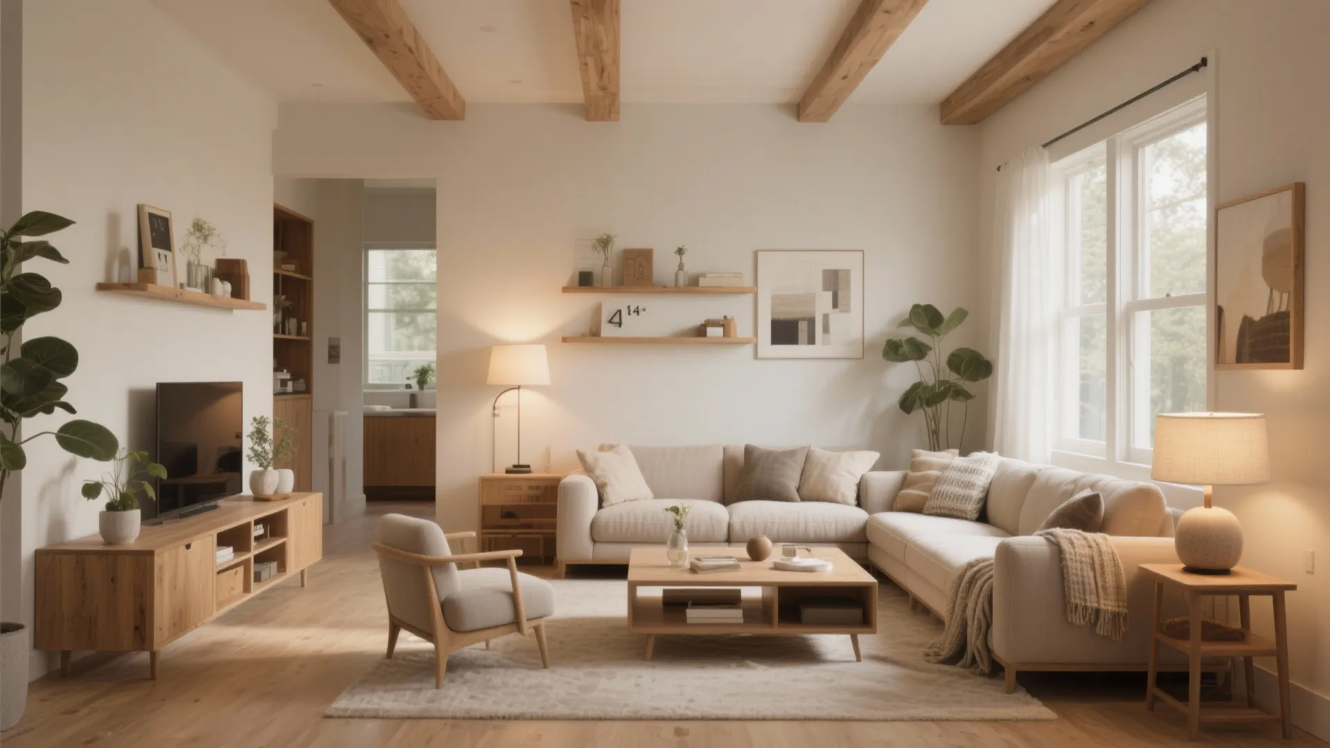 Warm modern living room with corner sofa wooden TV stand wall shelves and exposed ceiling beams