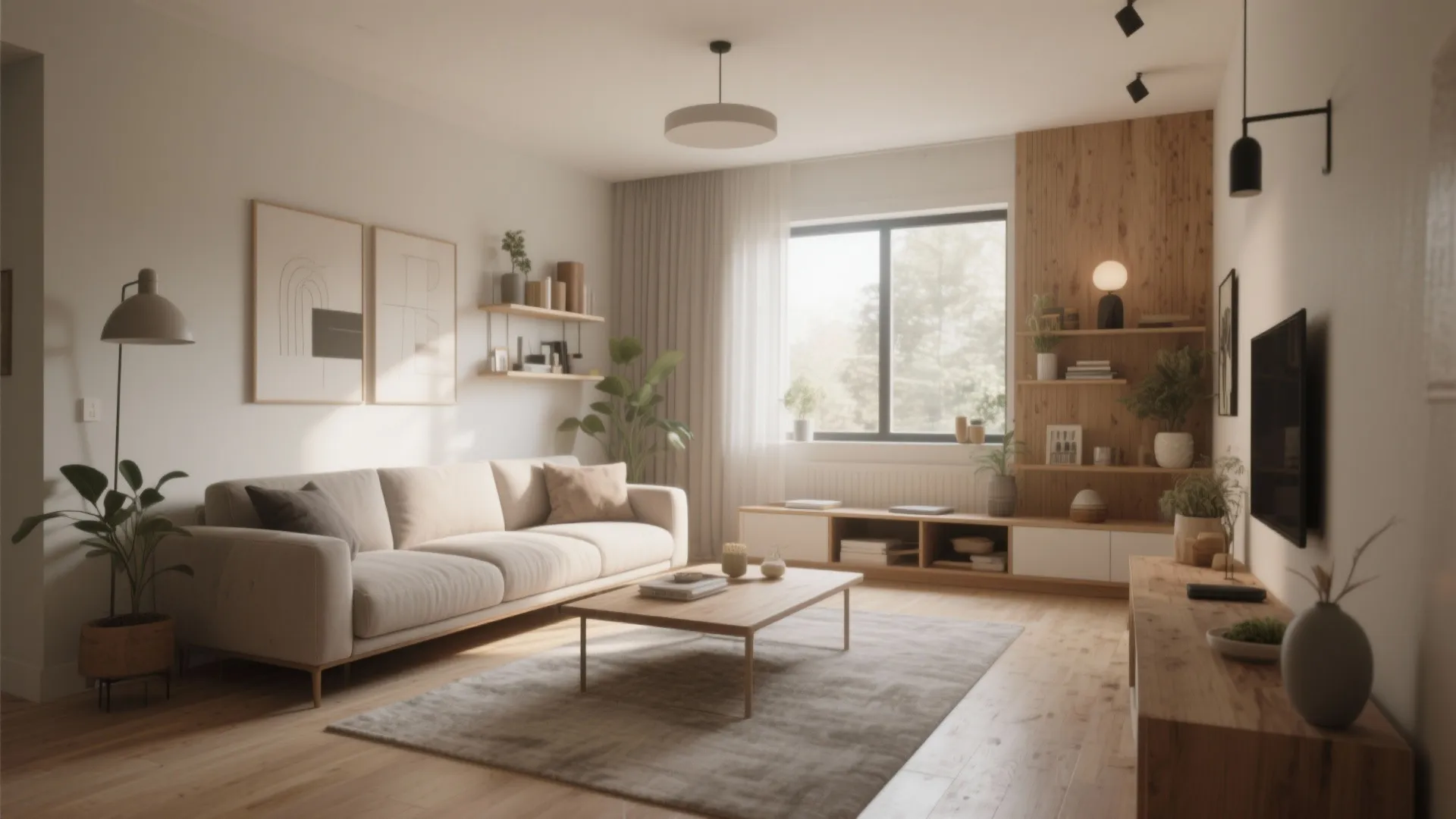 Modern living room featuring beige sofa coffee table wood wall paneling and large bright windows