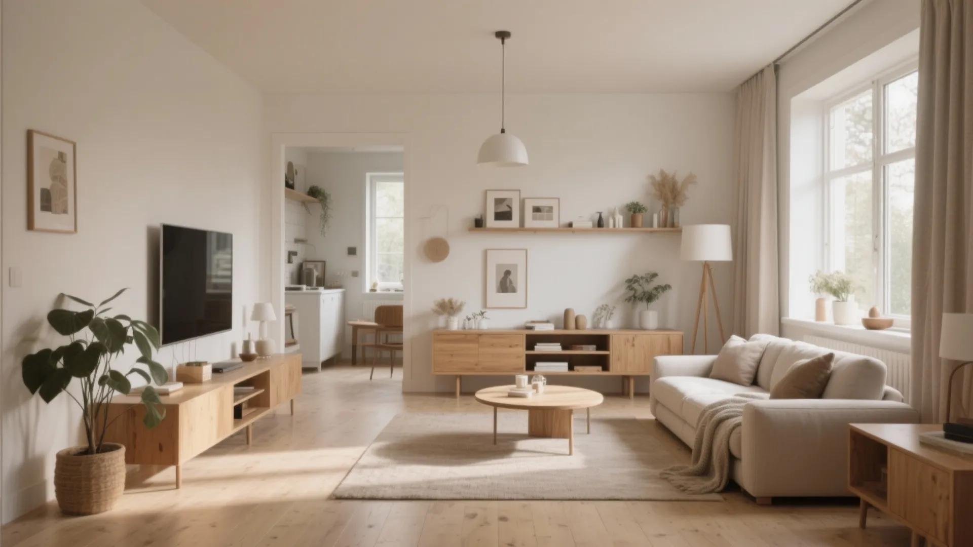 Spacious open living room with a television cabinet white sofa round table and wooden flooring
