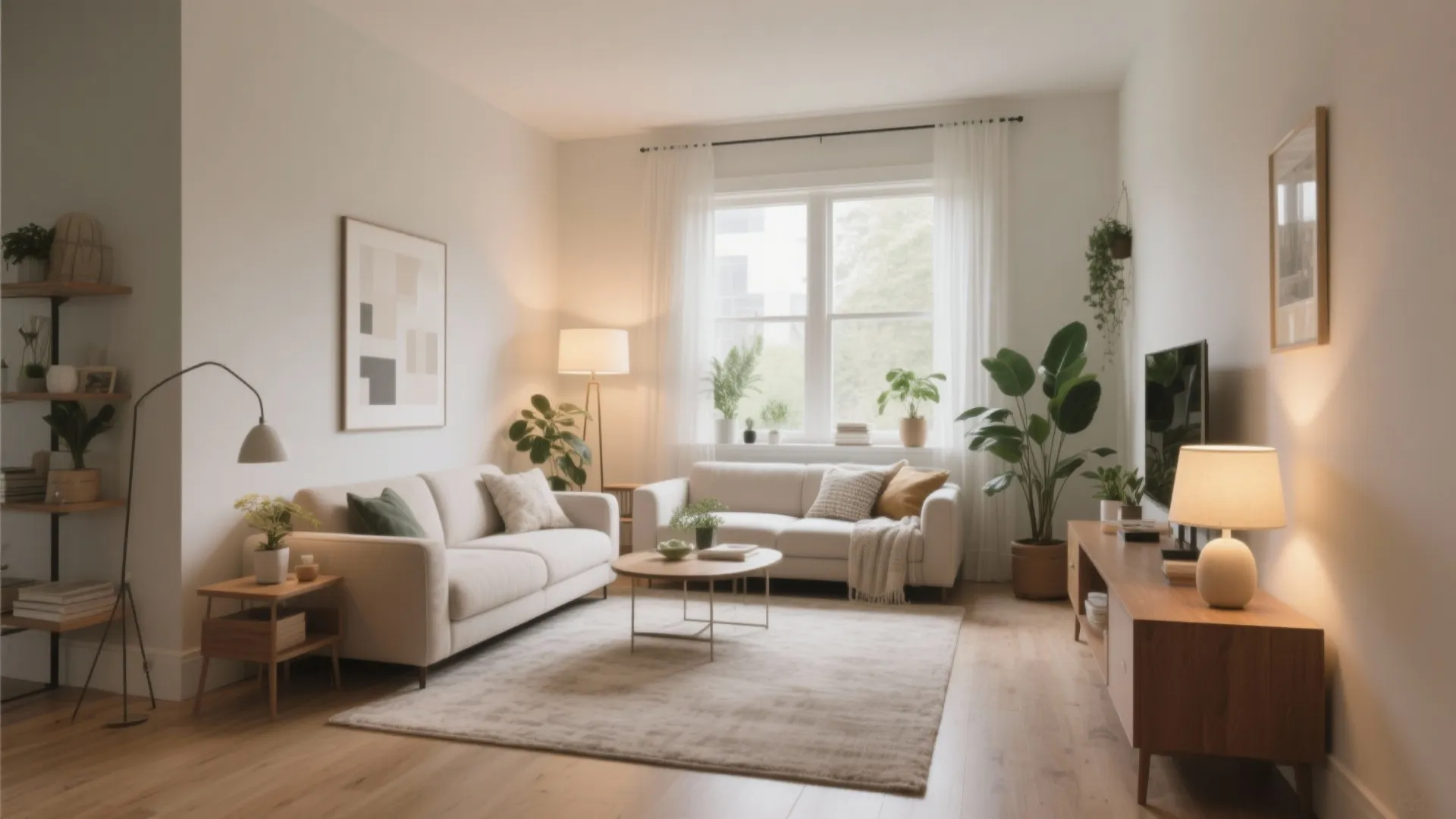 Cozy living room with white sofas wooden furniture green plants table lamps and large bright windows