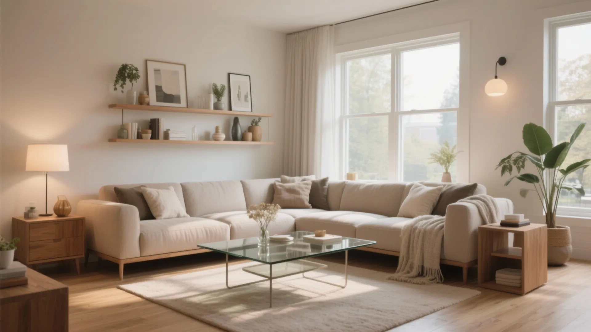 Large sectional sofa in bright living room with glass coffee table wall shelves and indoor plants