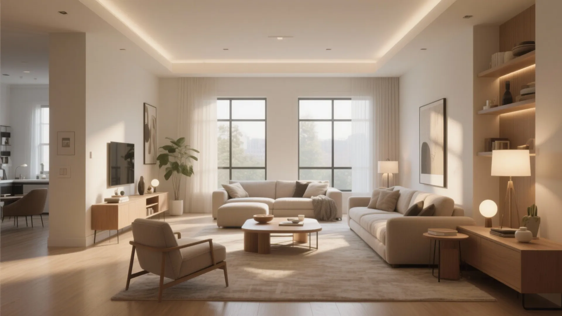 Spacious warm living room with beige sofas wooden furniture large windows and soft recessed lighting