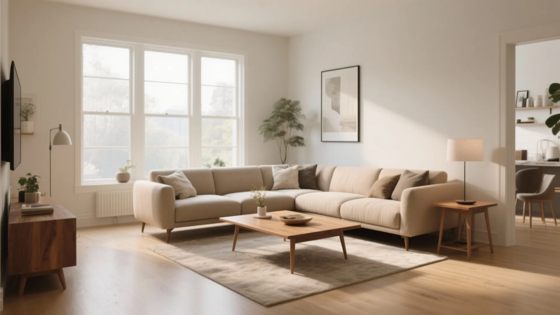 Spacious living room with corner sofa wooden coffee table large windows and warm natural sunlight shining