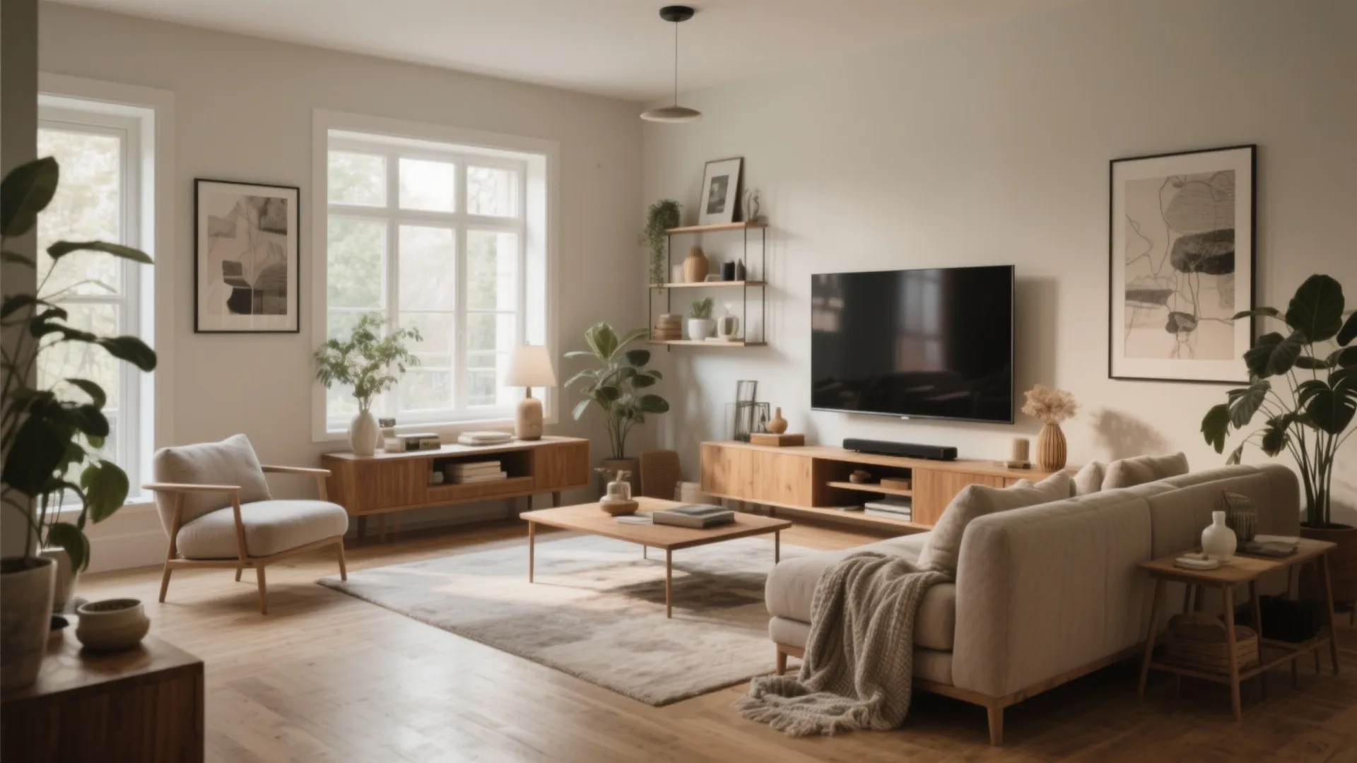 Modern bright living room with wooden cabinets large television comfortable sofa soft rug and green plants