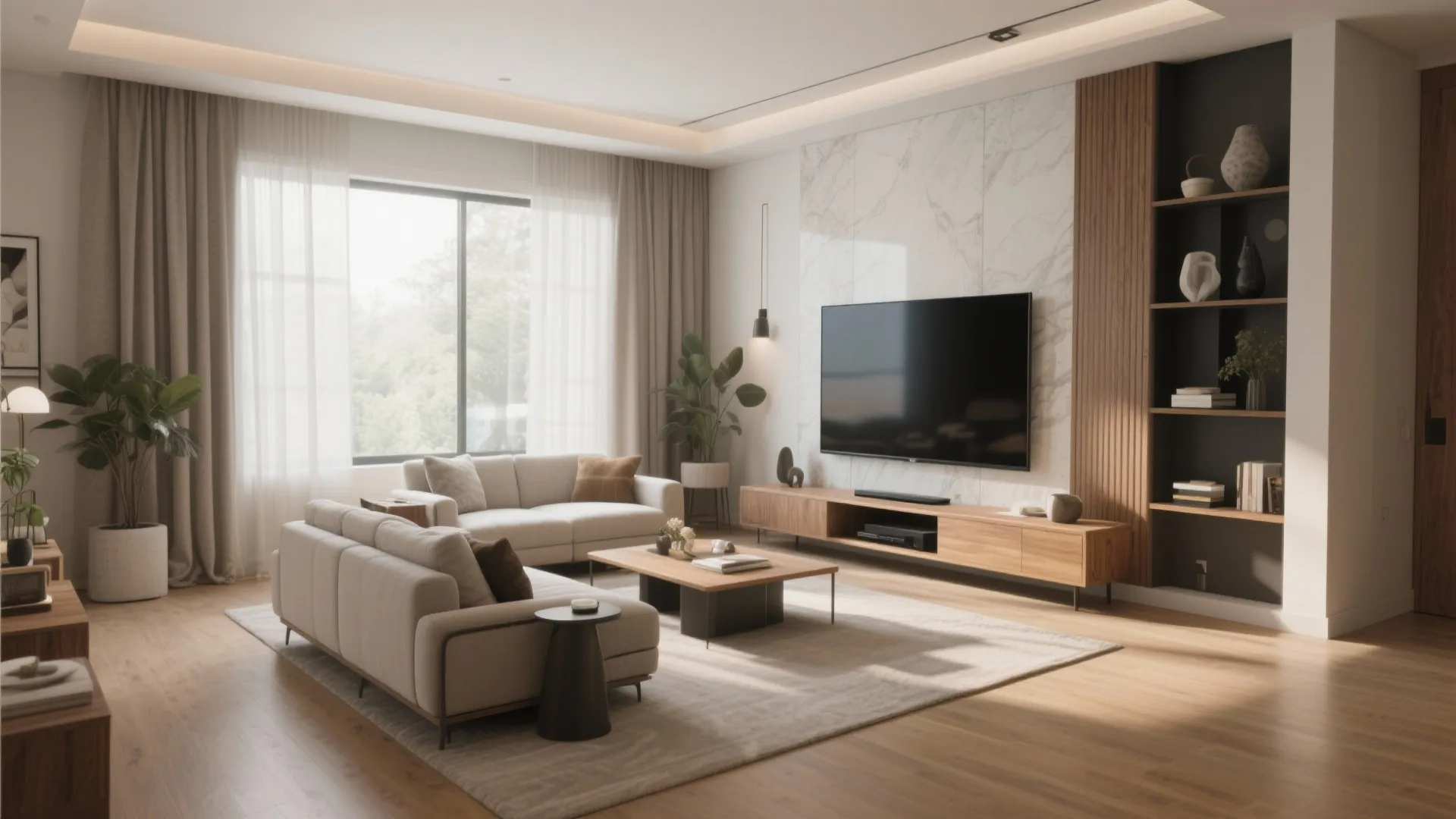 Modern living room with grey sofas wooden coffee table large television and marble wall panel design