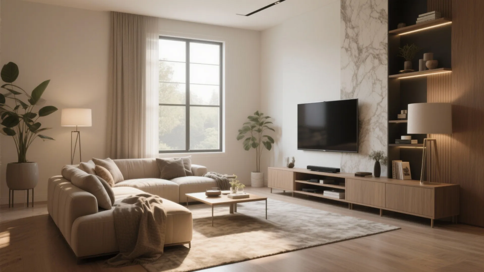 Modern living room with beige sofa wood coffee table marble wall panel and ceiling light