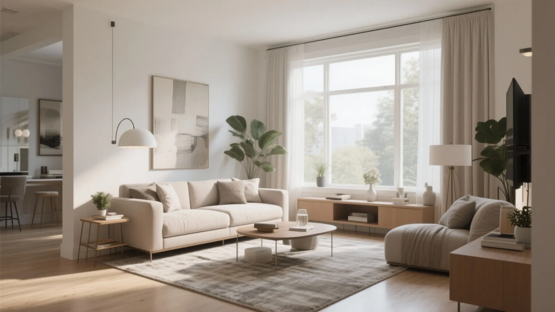 Modern bright living room with beige sofa coffee table wooden cabinet large window and natural light