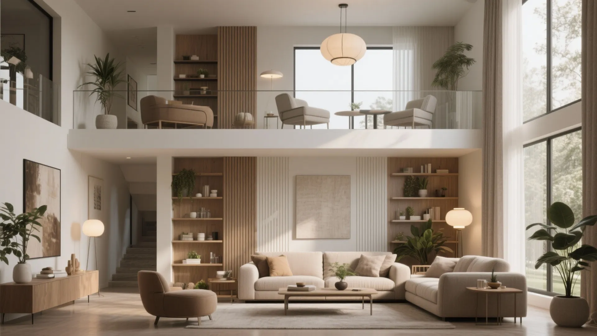 Spacious living room design with mezzanine floor featuring comfortable seating areas and large bright windows