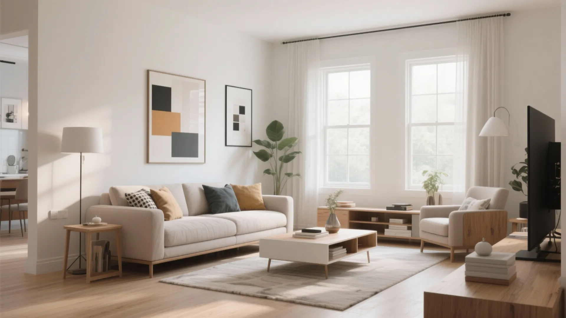 Modern bright living room with cream sofa wooden coffee table large windows and white curtains