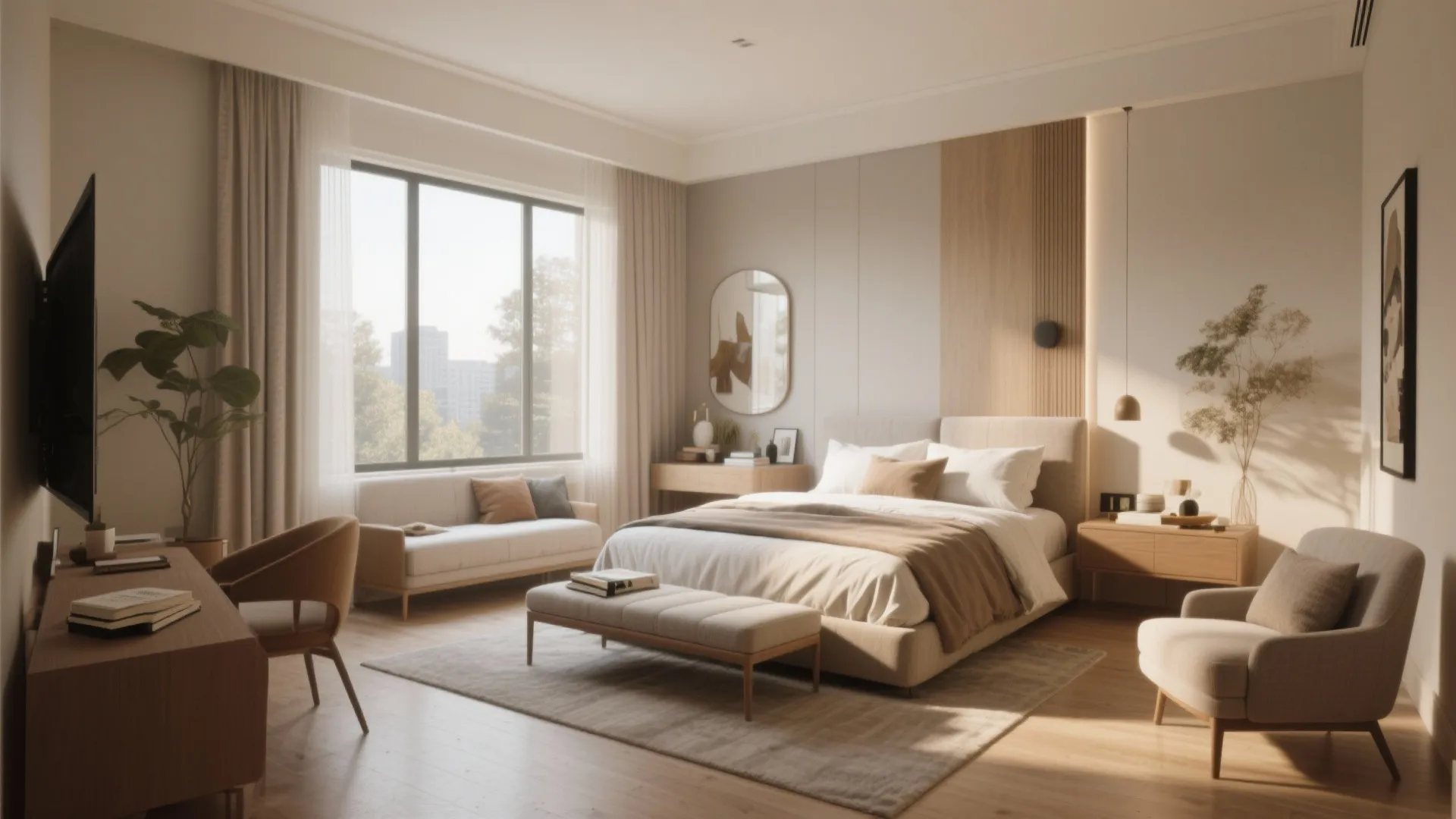 Modern master bedroom with cream bed, wood wall panel, large window, sofa, and natural light
