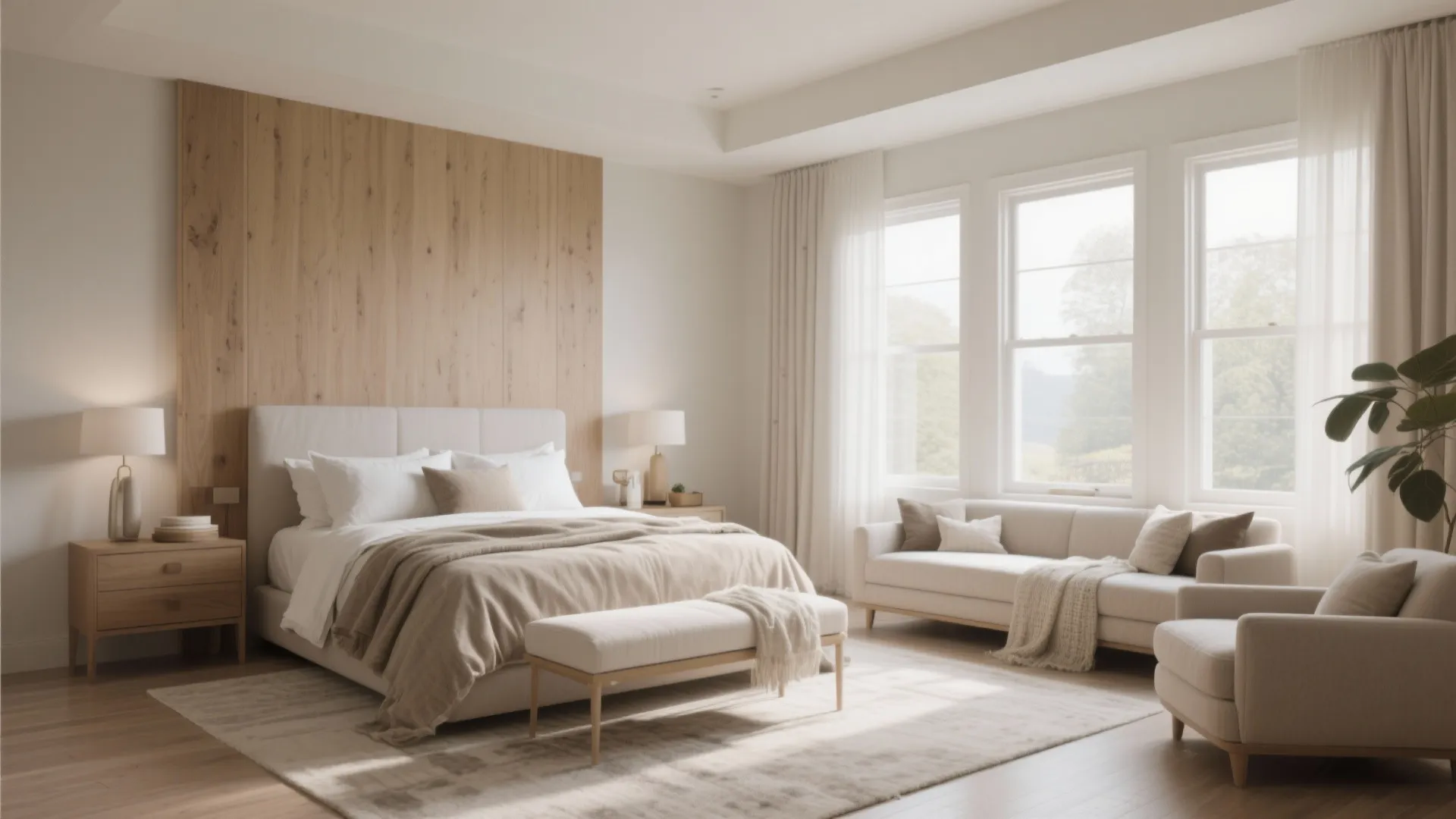 Modern bedroom with wood wall panel white bed beige sofa and large windows with natural light