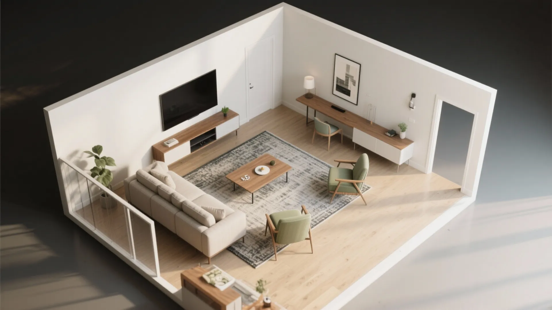 Interior design drawing showing a top view of a living room with sofa and television layout