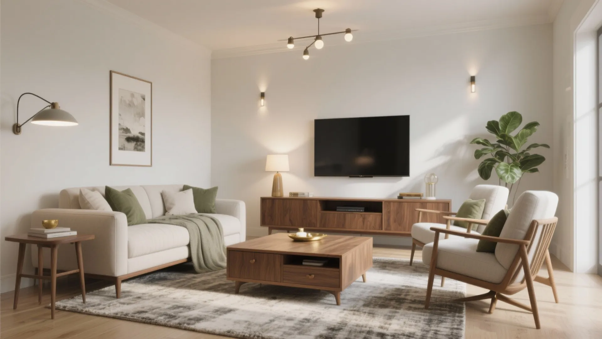 Modern living room with a white sofa wooden coffee table television and many warm light fixtures