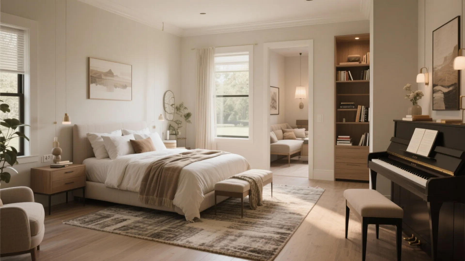 Elegant master bedroom featuring a large bed with neutral bedding and a black piano beside