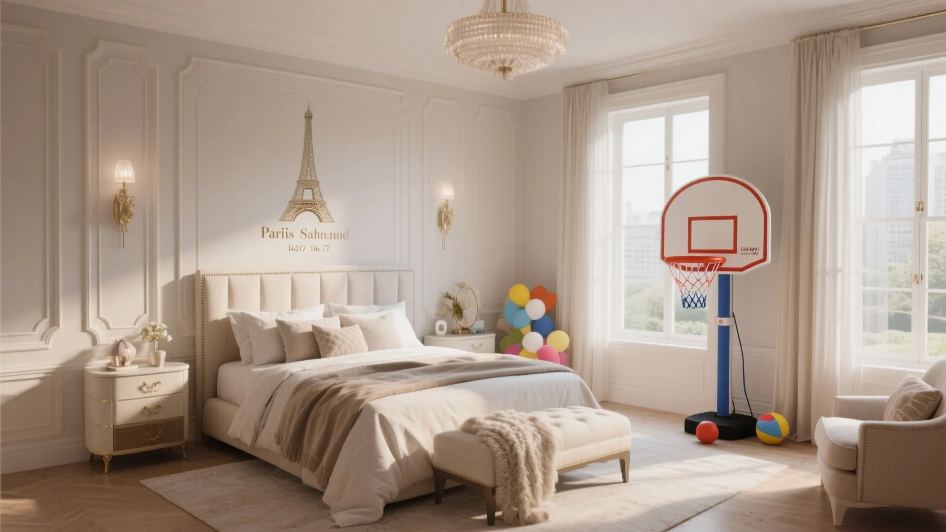 Elegant white bedroom with wall panel ceiling light basketball hoop and Eiffel Tower wall art decoration