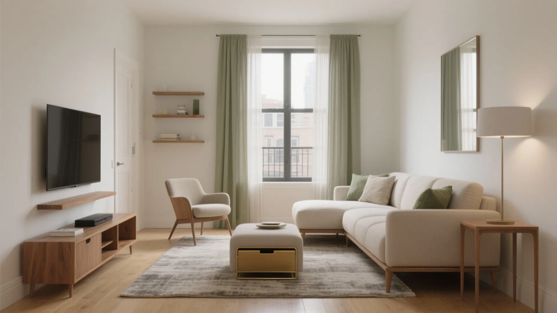 Modern living room featuring cream sofa light green curtains wooden tv stand and grey patterned rug