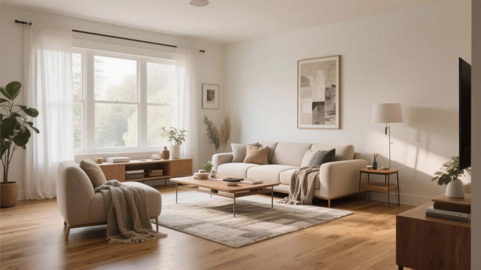 Modern warm living room with beige sofa wood coffee table white curtains and natural sunlight