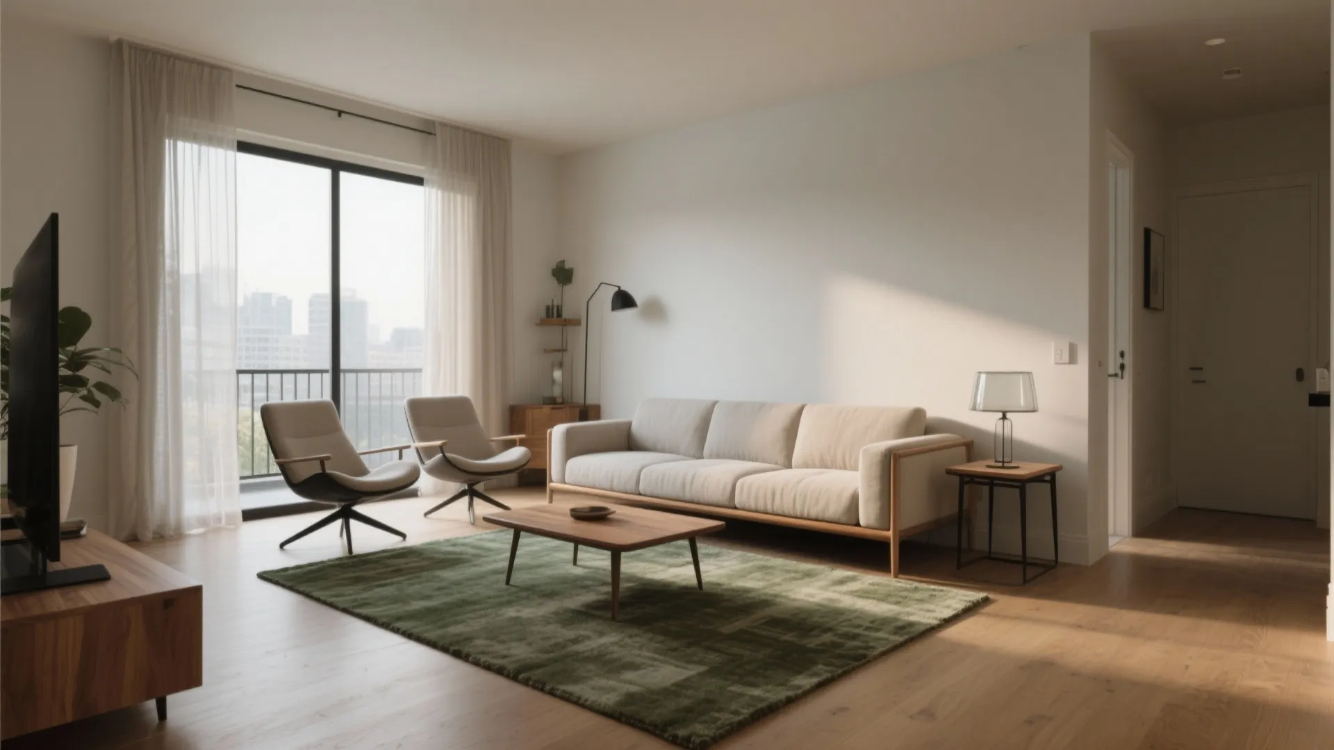 Spacious living room featuring long cream sofa green rug wooden coffee table and large glass windows
