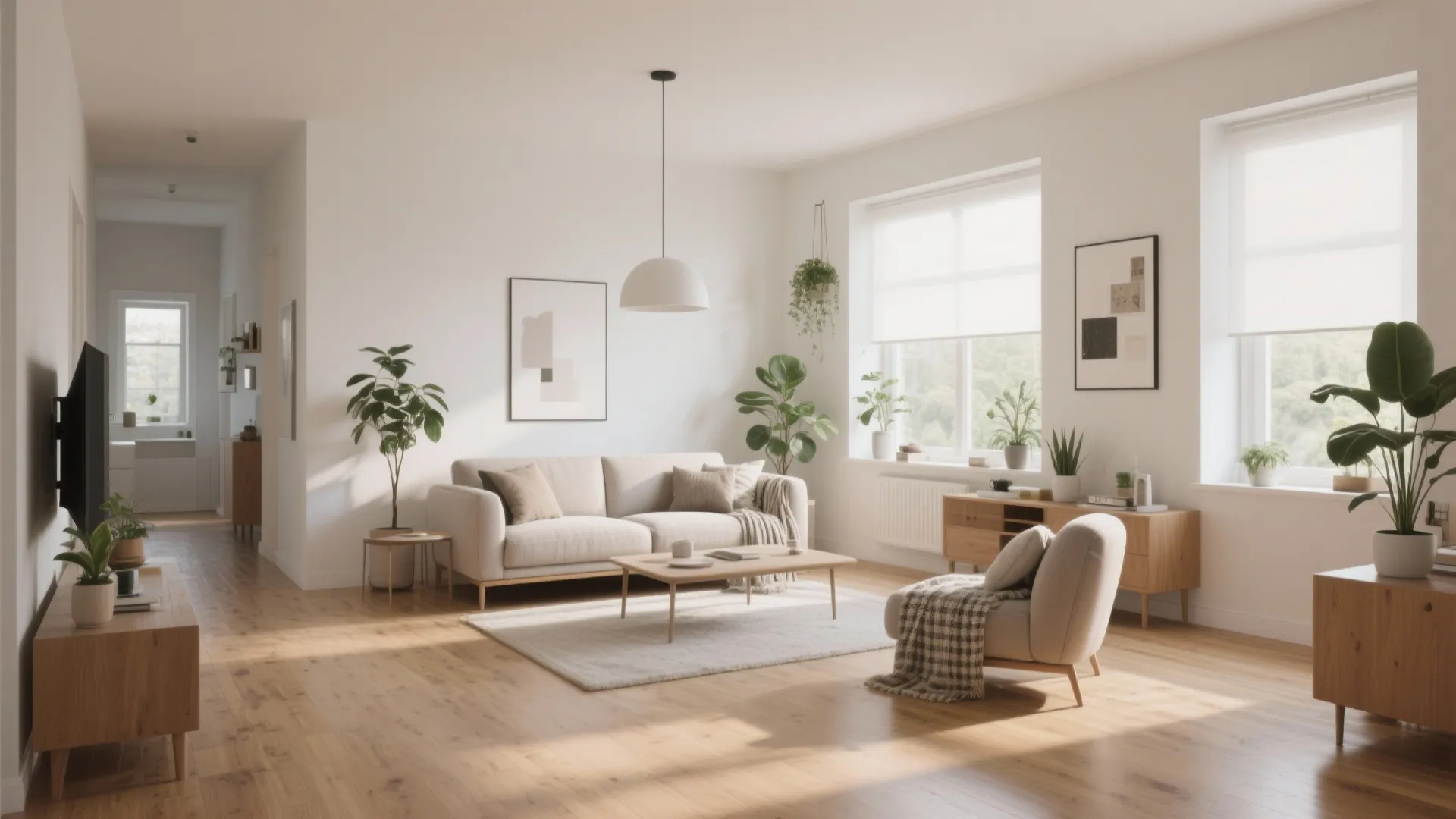 Bright minimal living room featuring cream sofa wooden floor white walls ceiling light and potted plants