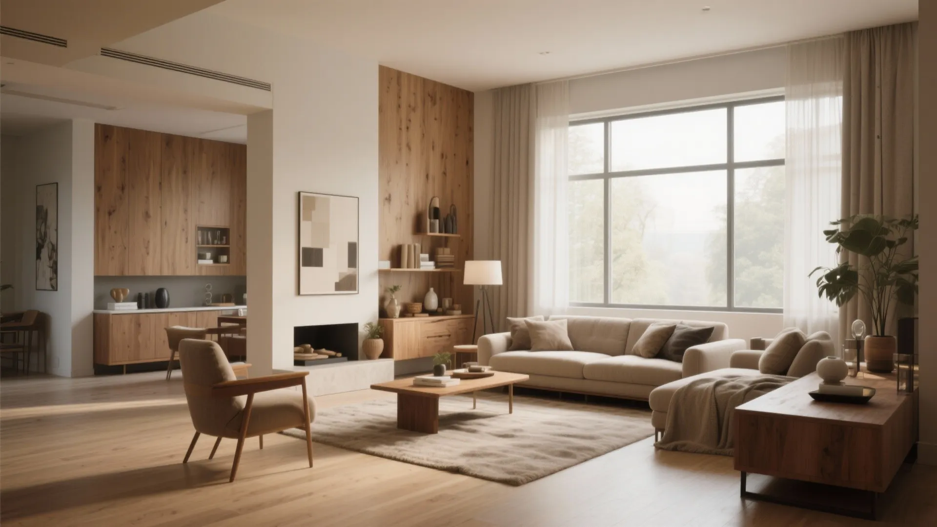 Modern open living room featuring beige sofa wood wall panels fireplace and large windows with curtains
