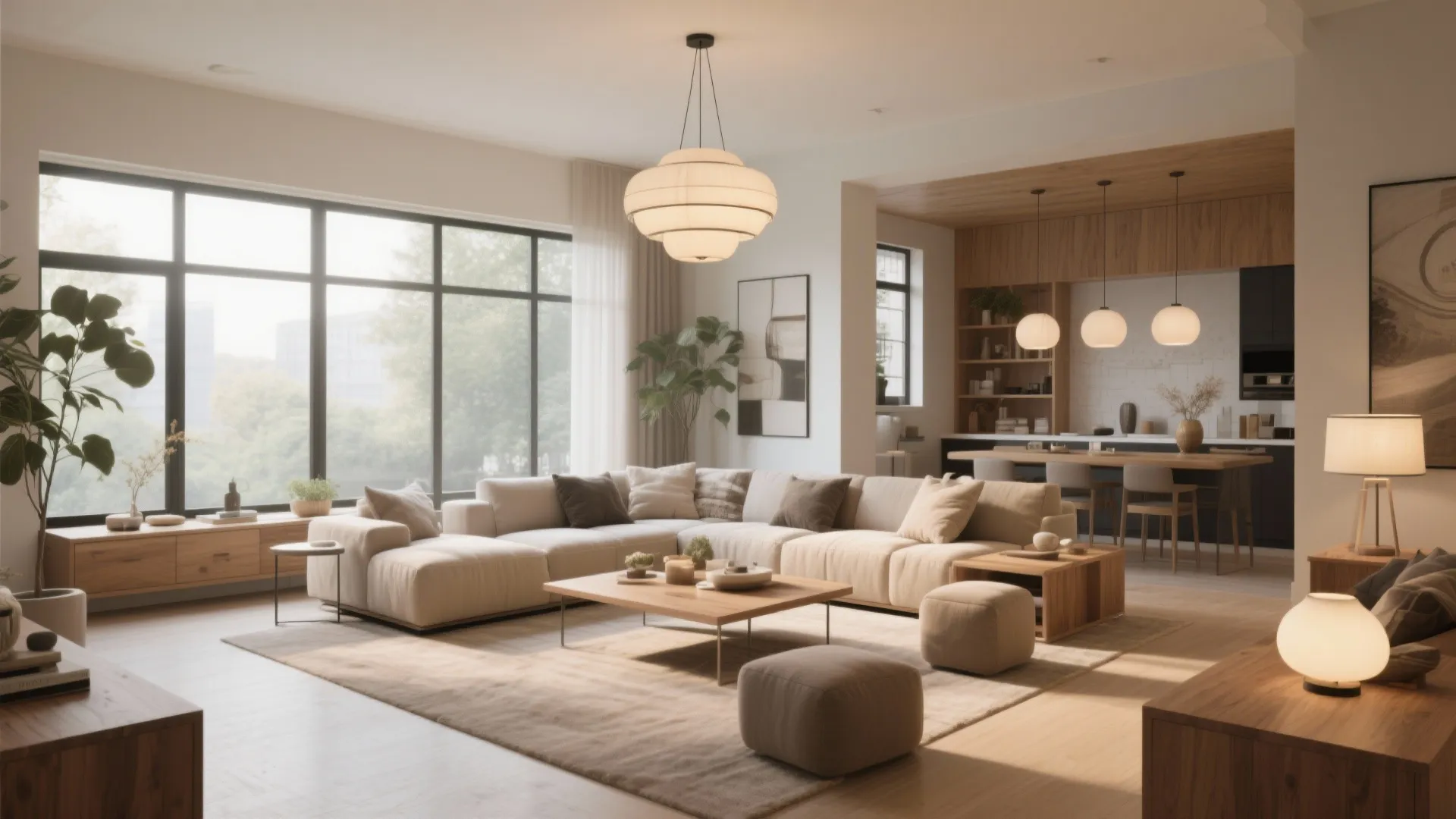 Modern open plan living room with large sectional sofa hanging ceiling light and kitchen island view