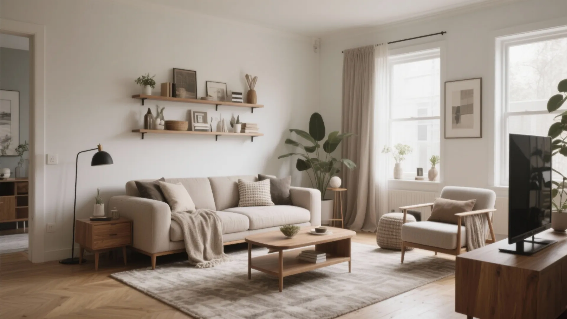 Modern living room featuring beige sofa wooden coffee table wall shelves large plant and natural light