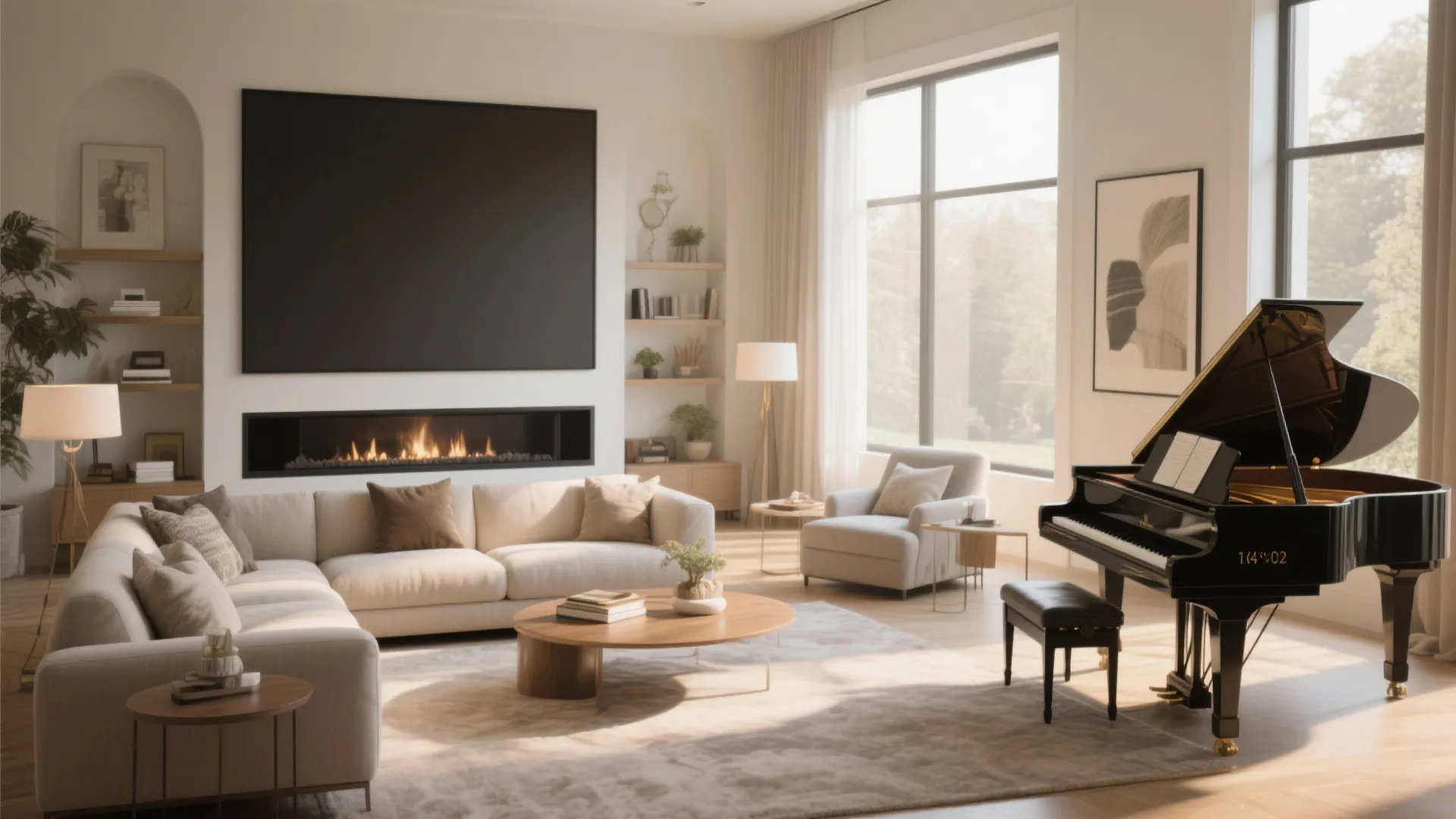 Spacious living room with large piano fireplace cream sofa and big windows for natural light