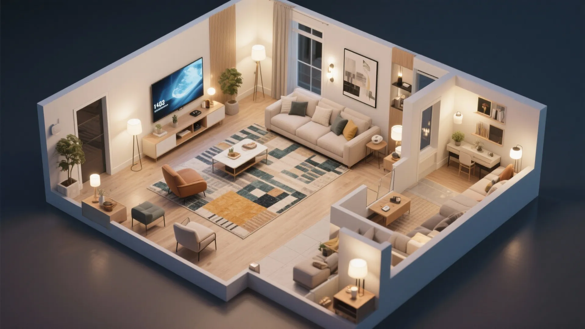 Interior design drawing showing a three dimensional open plan apartment layout with furniture and lighting