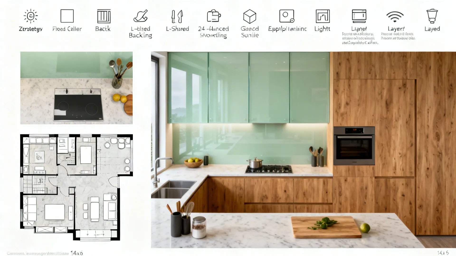 Top-down collage plan showing zoning, glass, L-shape, slim appliances, and layered lighting.