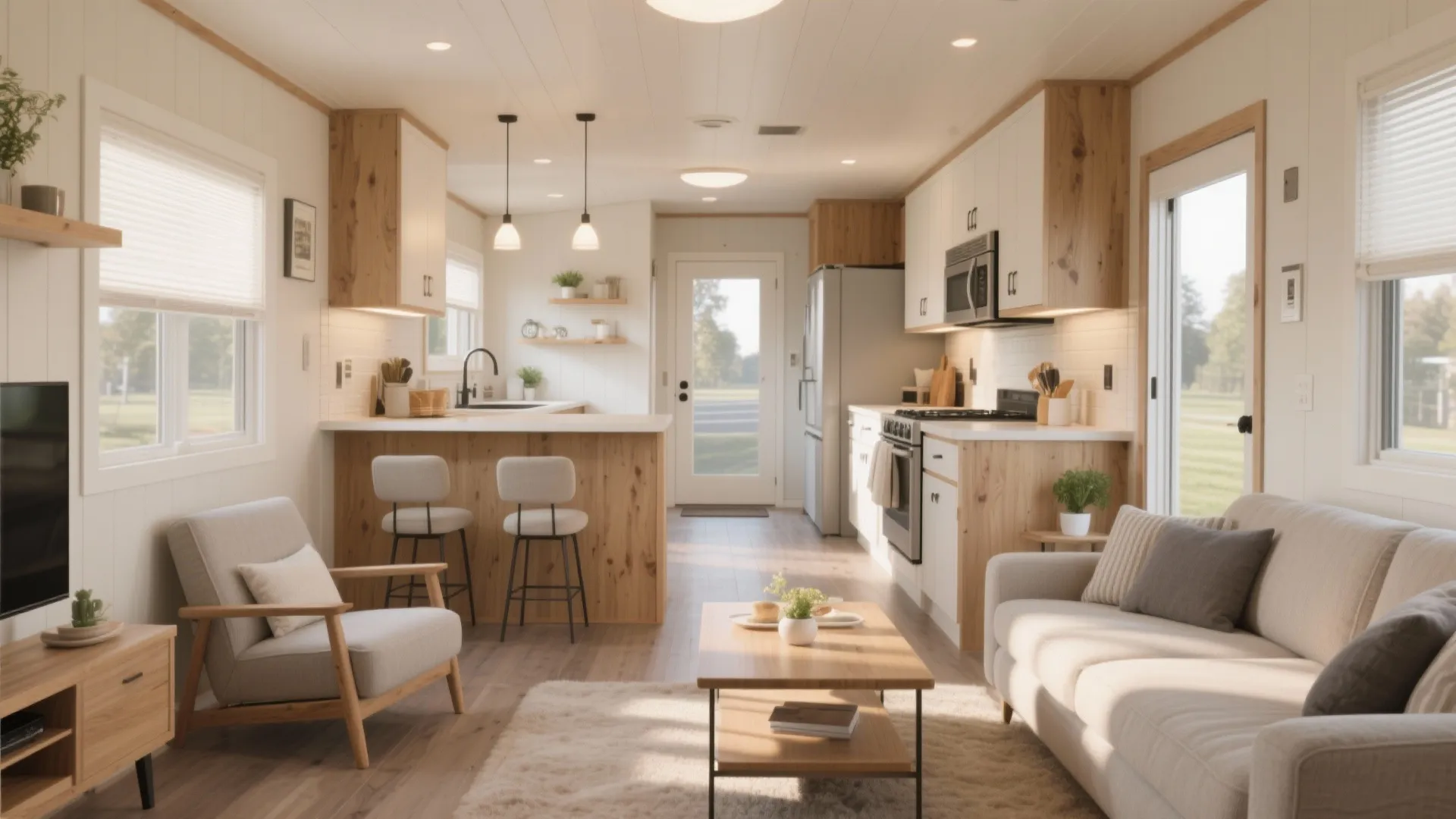 Modern open plan kitchen and living room featuring wood cabinets white sofa and natural light