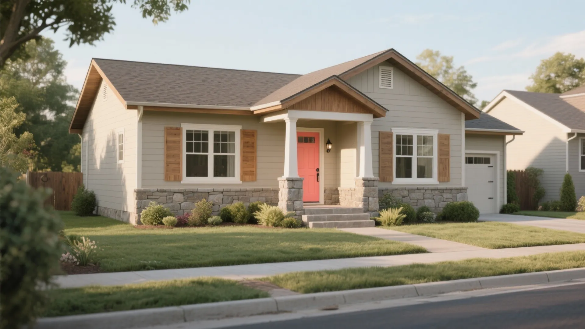 Modern small house exterior with light green walls pink front door stone foundation and green lawn