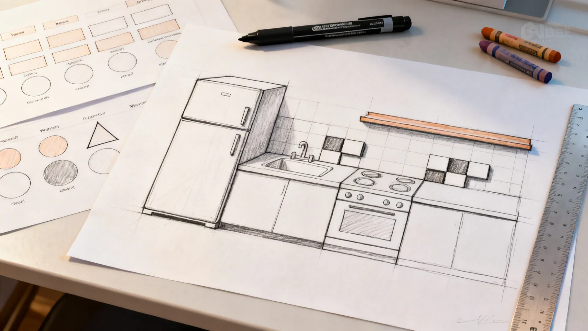Top-down view of warm-up shapes, main kitchen blocks, and polished outlines with crayons and marker.