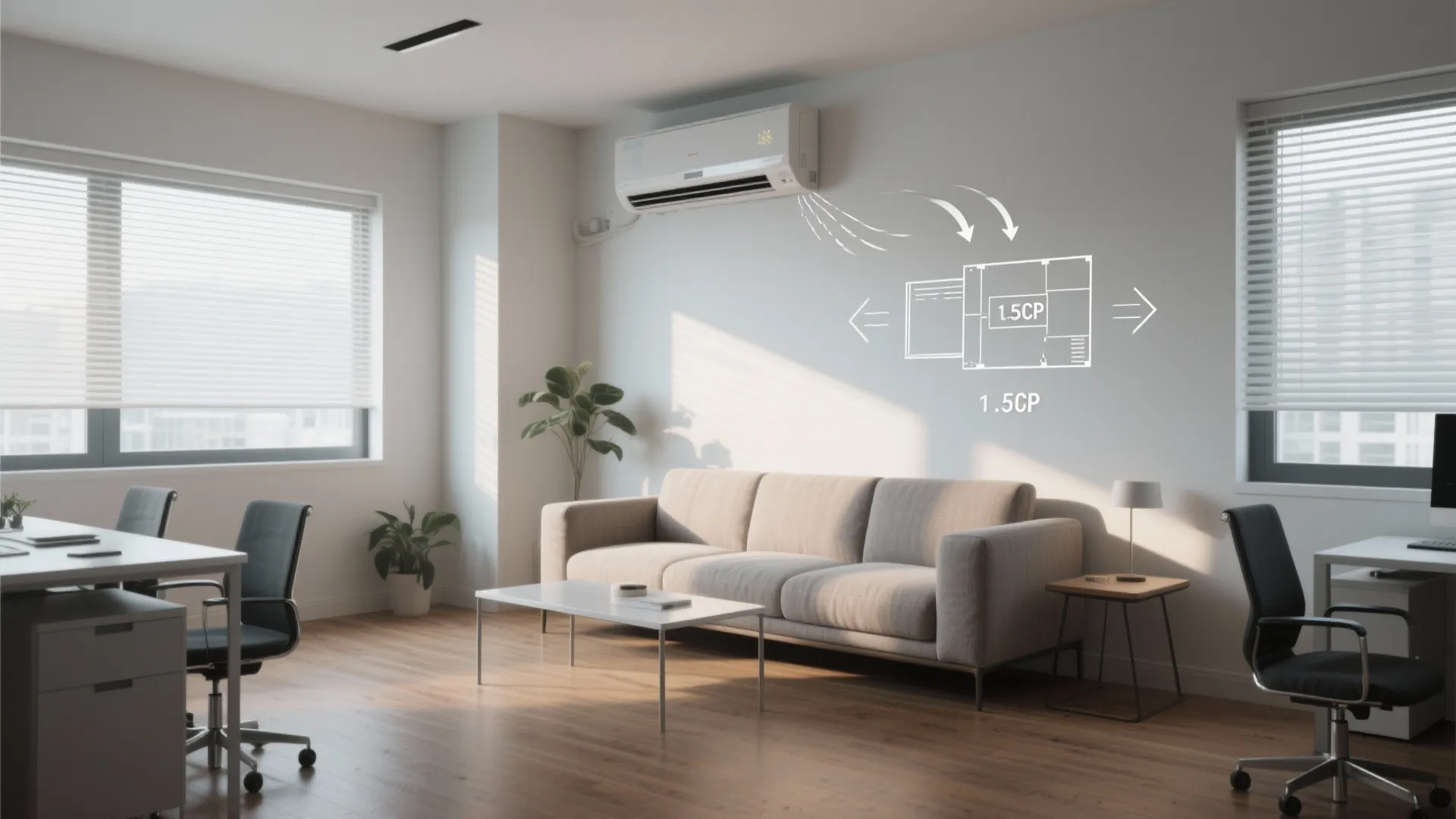 Modern room with wall air conditioner above sofa and white graphic showing room cooling capacity