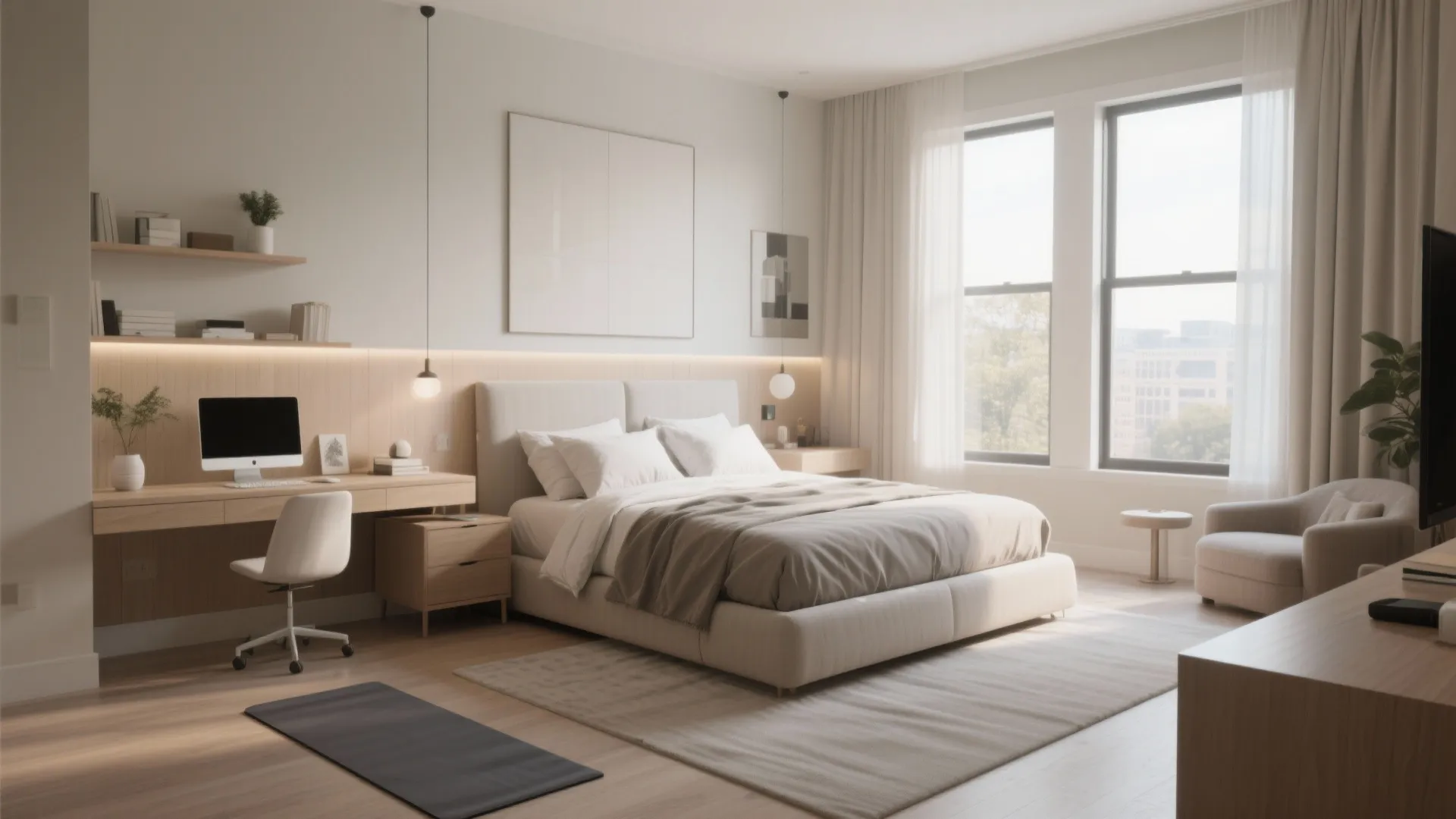 Modern master bedroom with large bed wooden desk white office chair big windows and sunlight