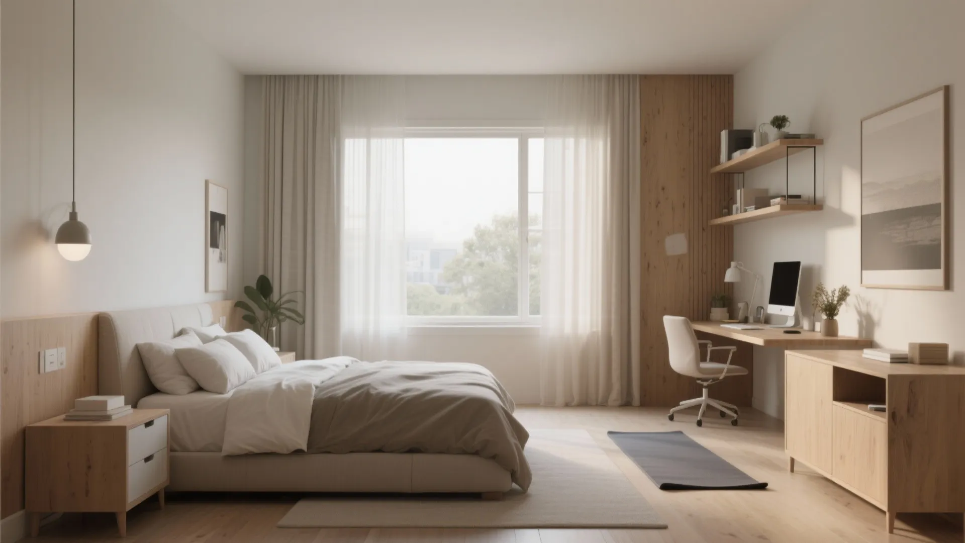 Spacious bedroom with wooden furniture including bed bedside table desk cabinet and a large window