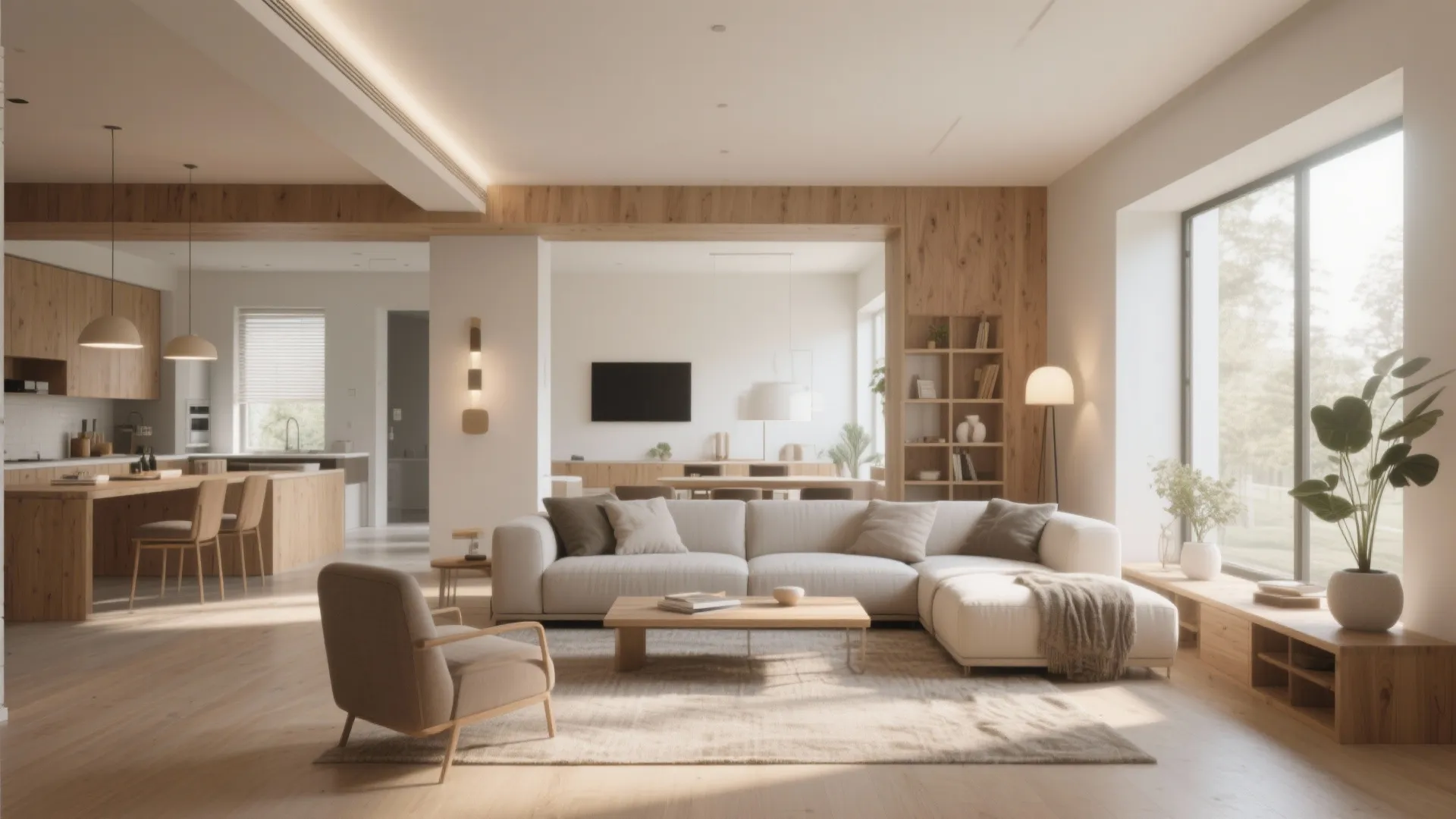 Modern open plan living room with white sofa wood coffee table kitchen island and windows