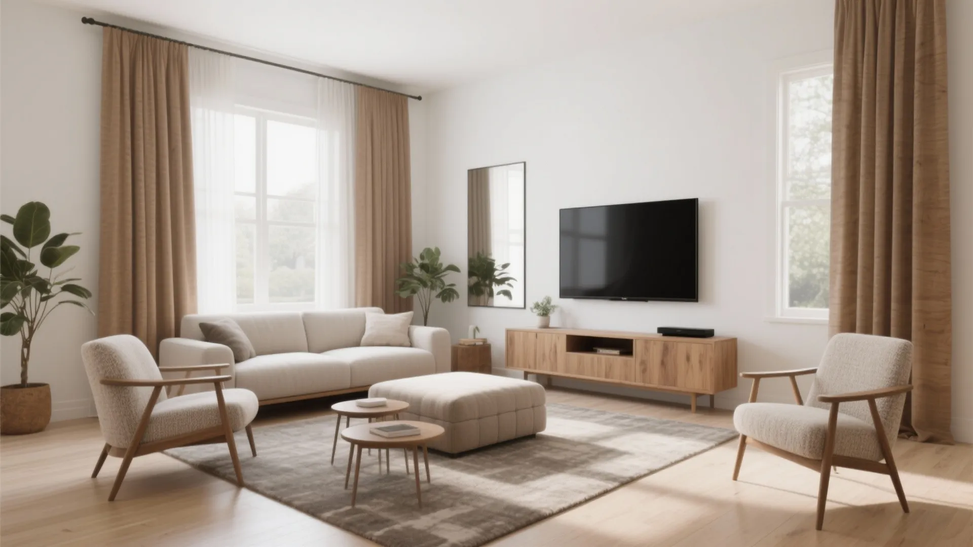 Bright modern living room with cream sofa two armchairs wooden cabinet and large flat television