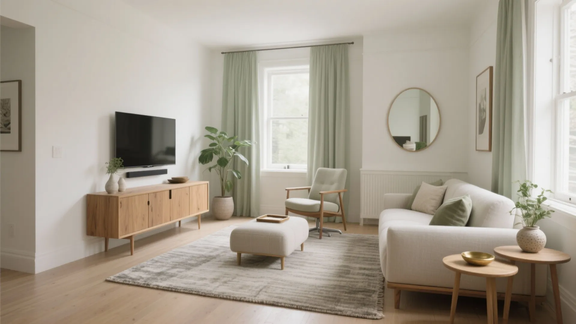 Bright living room with white sofa wooden cabinet green curtains round mirror and large potted plant