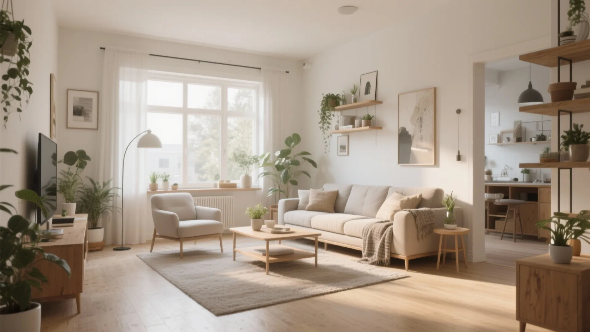 Bright modern living room with beige sofa gray armchair wooden coffee table and green plants