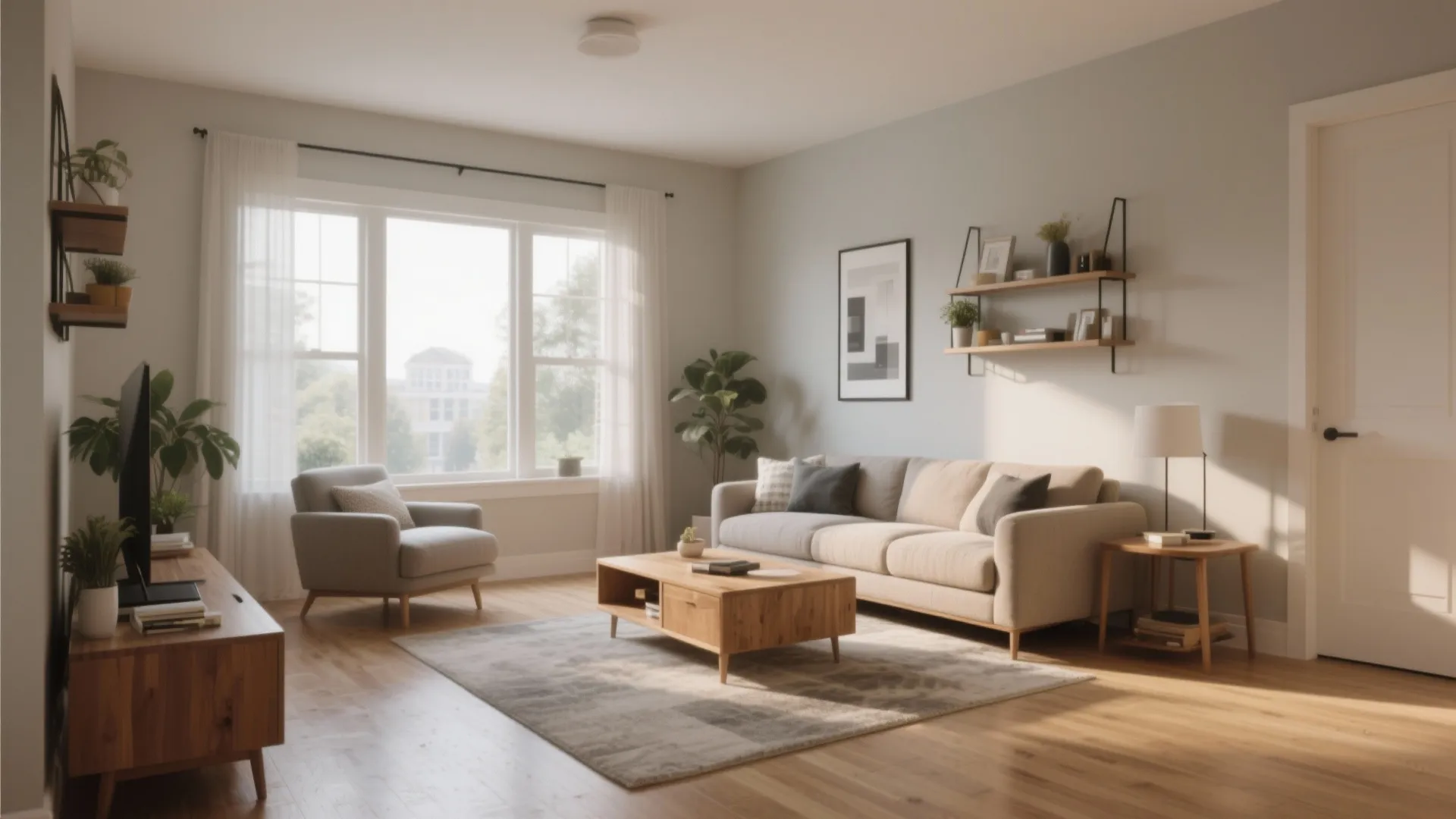 Bright living room design with beige sofa grey armchair wooden coffee table and white window curtains