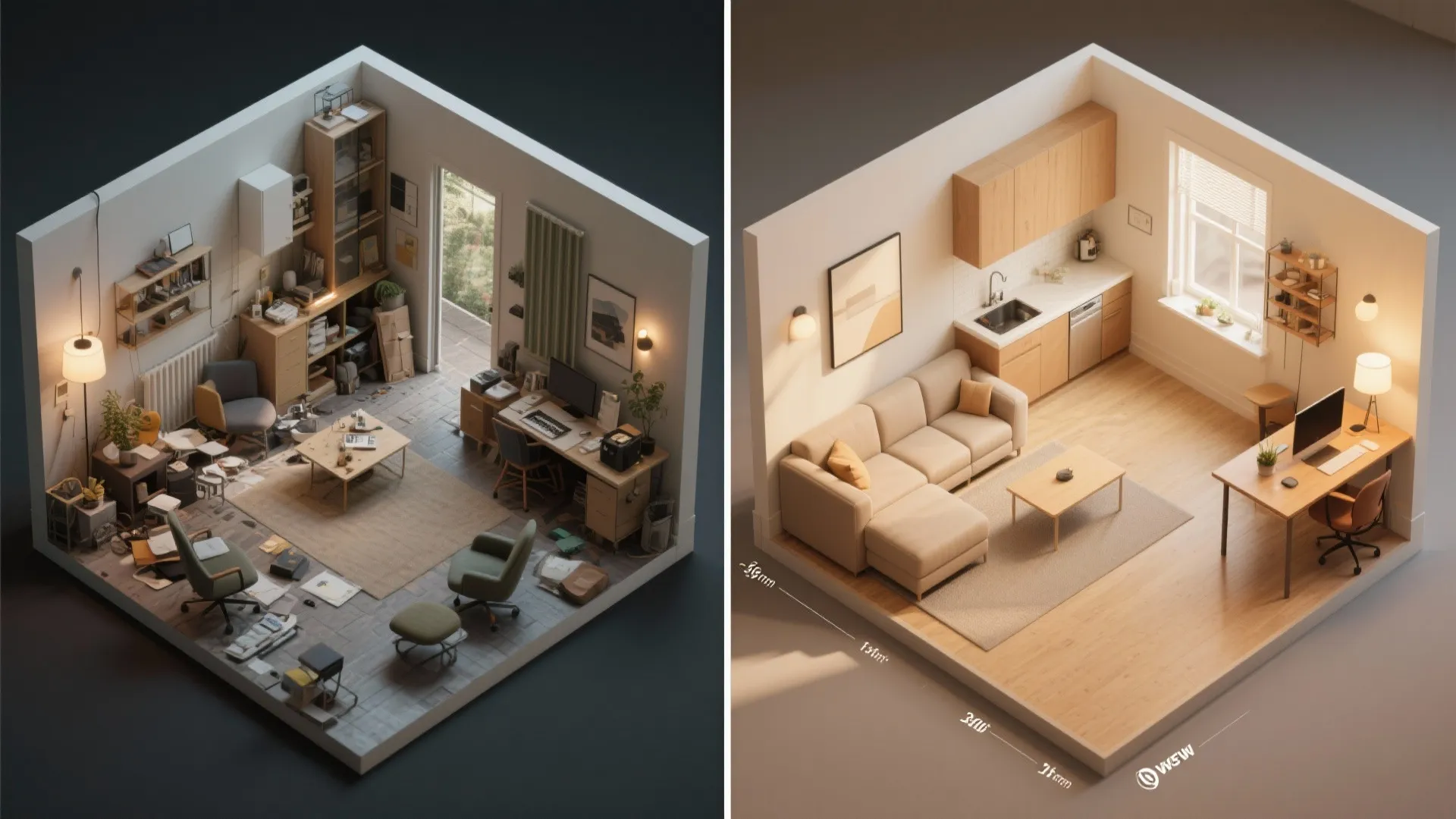 Side-by-side interior design drawing showing a messy studio apartment versus a clean organized room layout