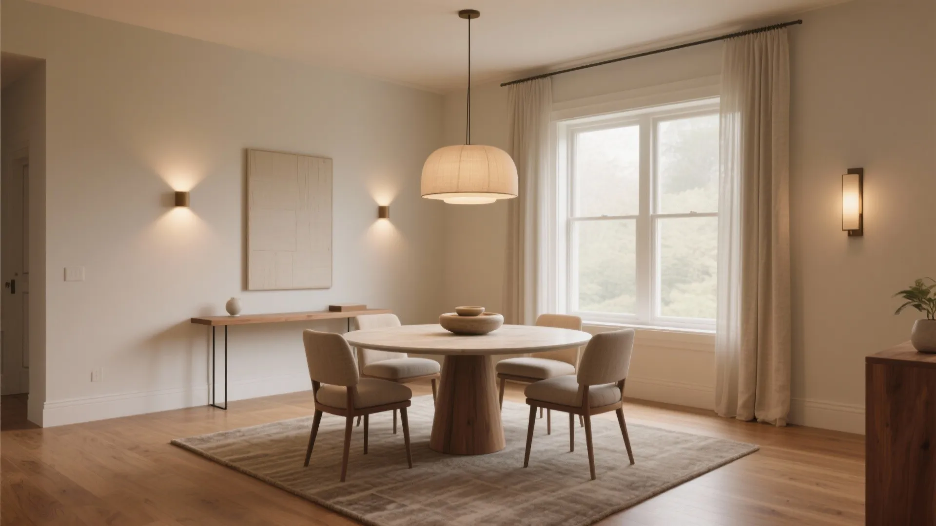Warm dining room featuring round wood table four chairs rug and modern wall light fixtures