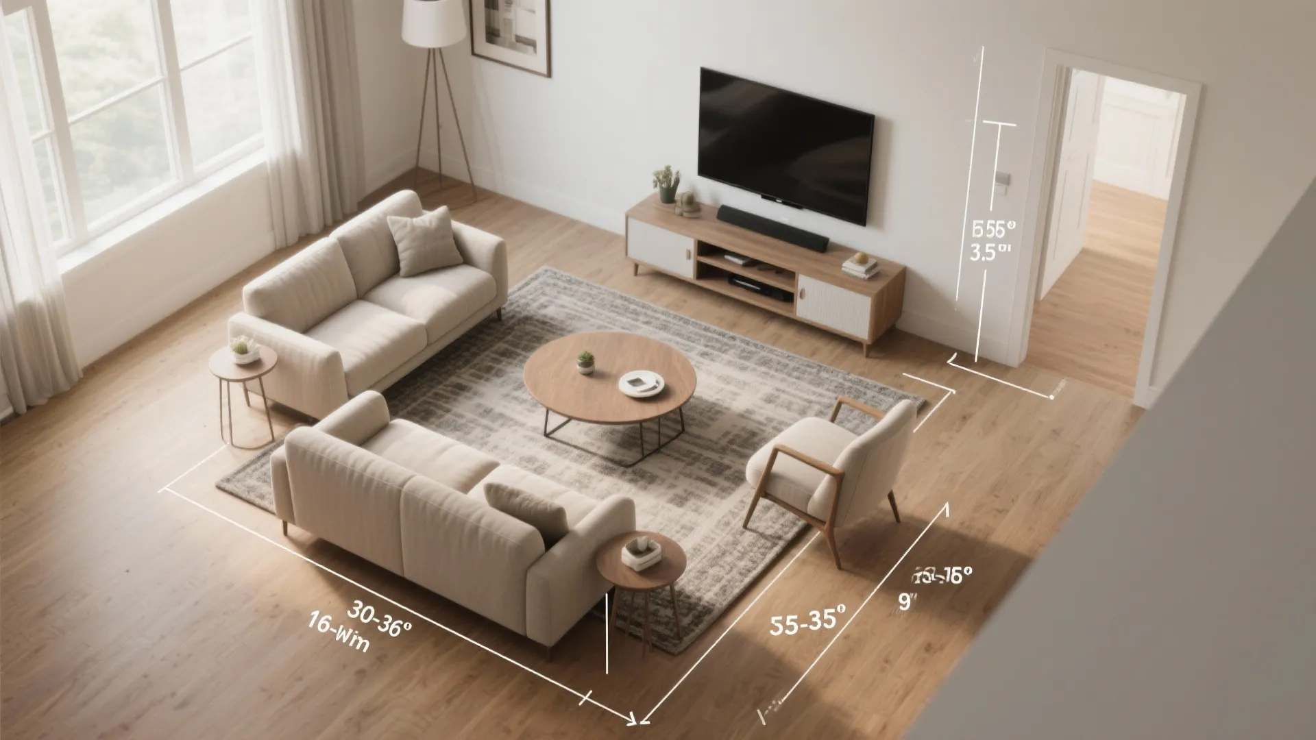 Modern living room layout with sofa and coffee table showing white dimension lines and measurement markings