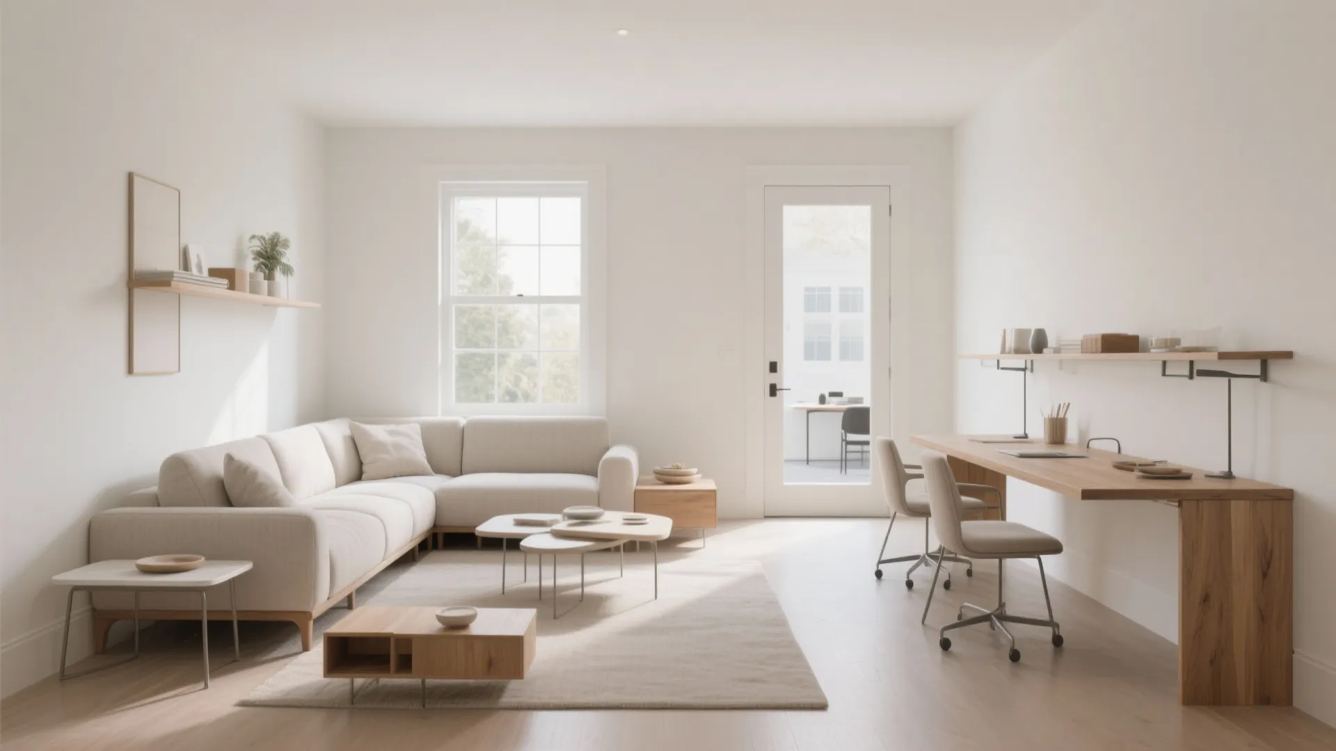 Bright minimalist living room featuring a beige sofa coffee tables wooden desk and natural light