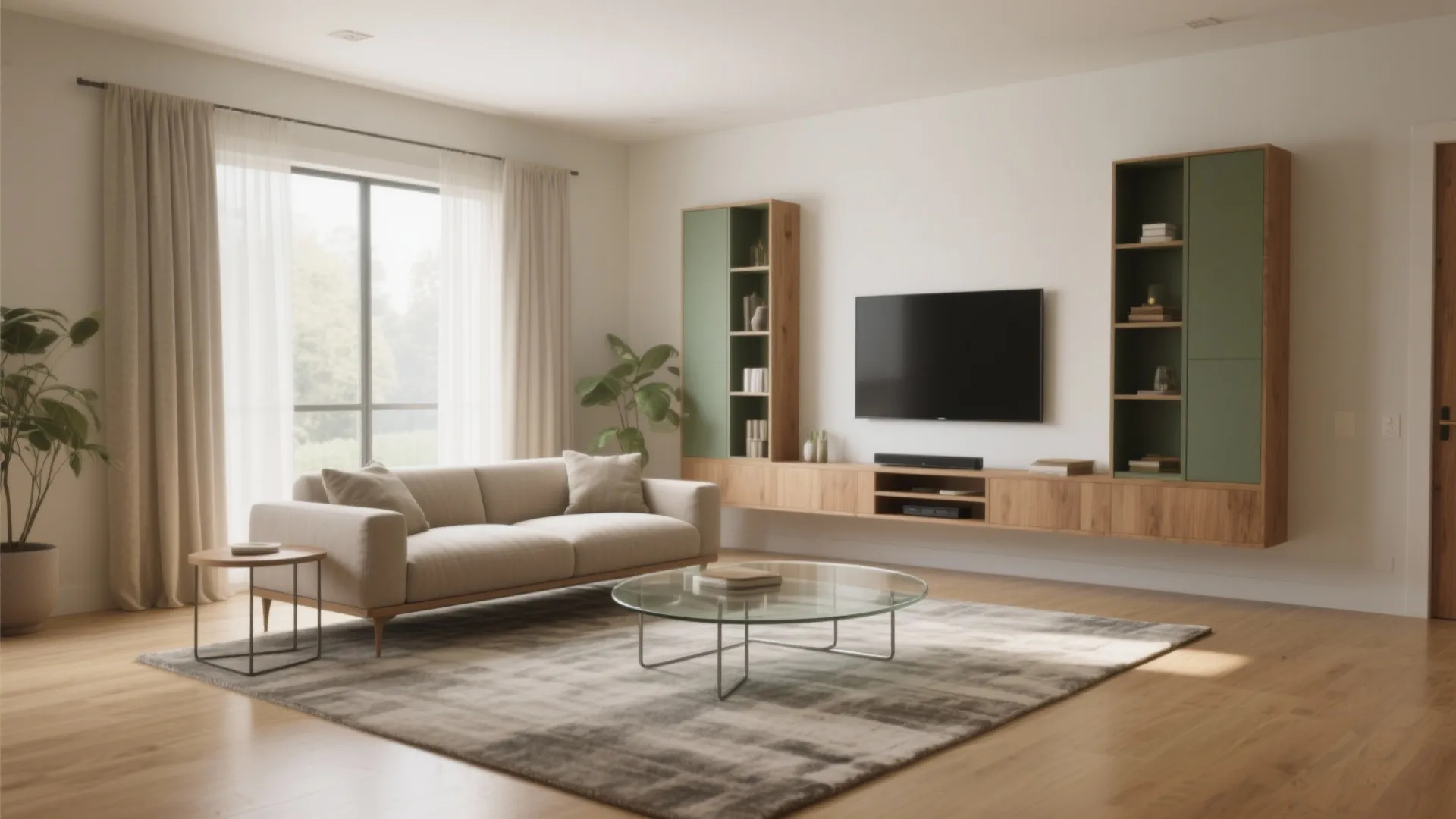 Modern living room featuring beige sofa glass coffee table wooden cabinet television and large bright windows