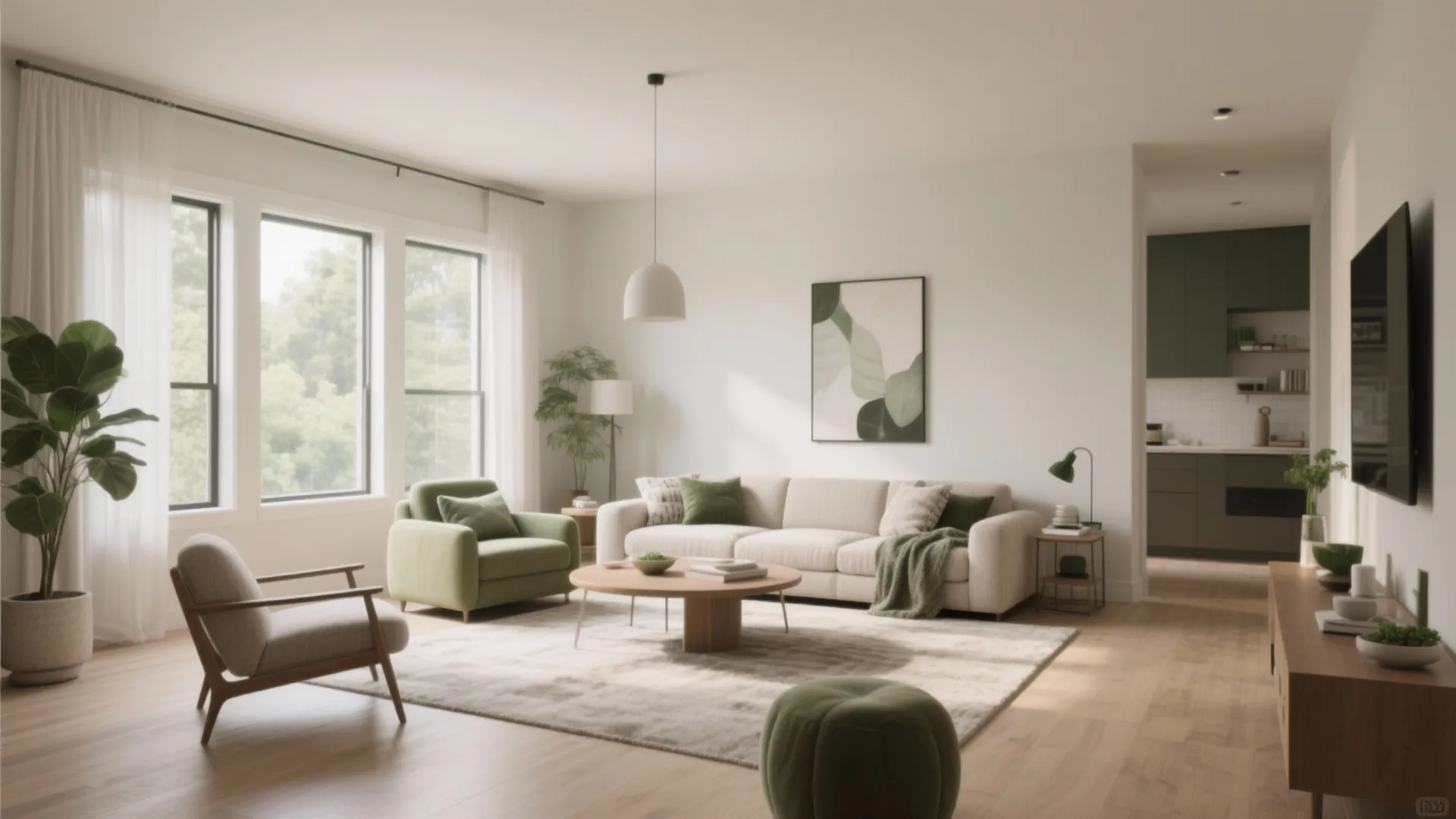 Spacious living room with green armchairs cream sofa round wooden table and bright natural light